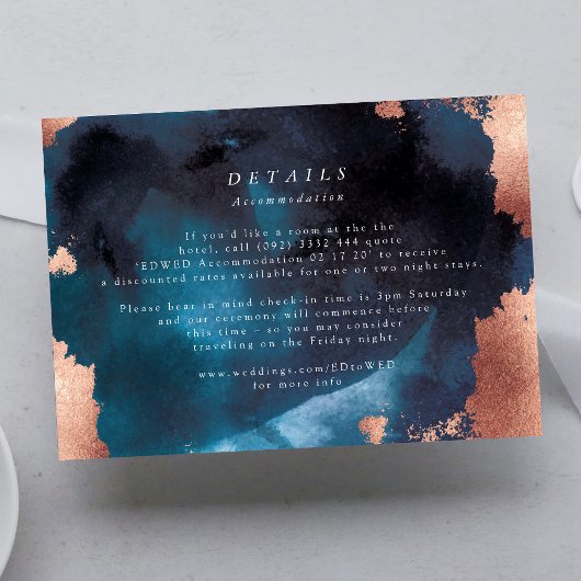 Watercolor Navy Blue Moody Rose Gold Wedding RSVP Karte