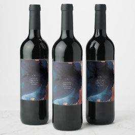 Watercolor Navy Blue Moody Rose Gold Wedding Weinetikett