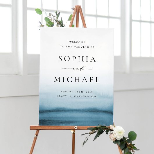 Watercolor Navy Blue Ombre Moderne Hochzeit Willko Poster