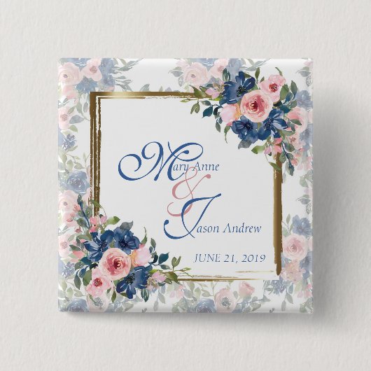 Watercolor Navy & Blush Wedding Button (Vorderseite)