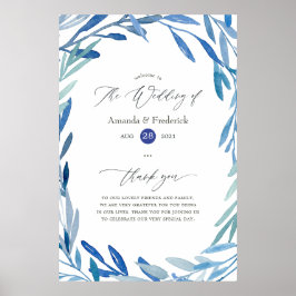 Watercolor Navy Indigo Blätter Hochzeit willkommen Poster