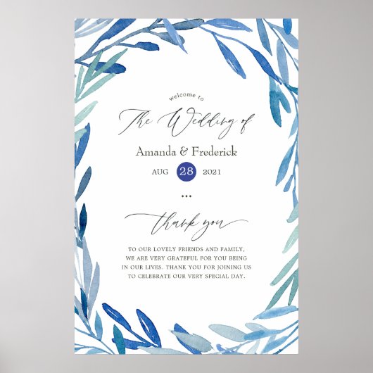 Watercolor Navy Indigo Blätter Hochzeit willkommen Poster (Vorne)