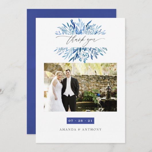 Watercolor Navy Indigo Blätter Wedding Foto Dankeskarte (Vorne/Hinten)