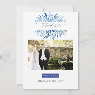 Watercolor Navy Indigo Blätter Wedding Foto Dankeskarte