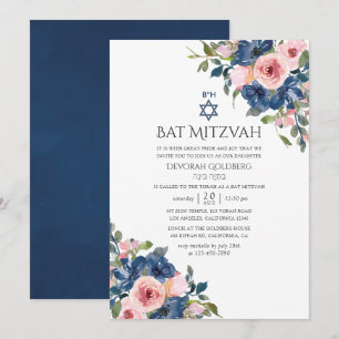 Watercolor Navy und Blush Floral Bat Mizwa Einladung