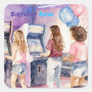Watercolor-Neon-Arcade-Kindergeburtstag Quadratischer Aufkleber