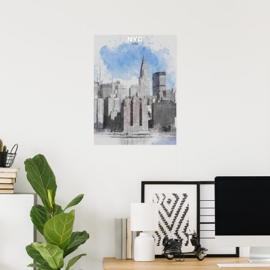 Watercolor New York City Skyline – Manhattan Wall  Poster (Heimbüro)