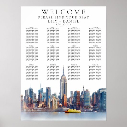 Watercolor New York City Wedding Chart Poster (Vorne)