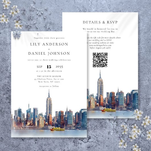 Watercolor New York Skyline QR Code Wedding Einladung