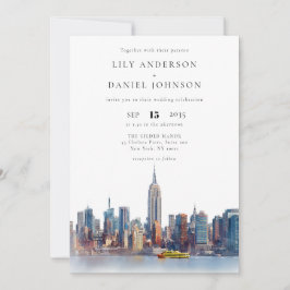 Watercolor New York Skyline QR Code Wedding Einladung