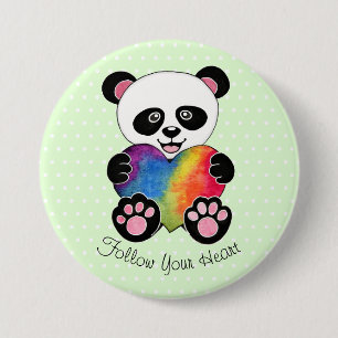 Watercolor-niedlicher Panda mit Regenbogen-Herzen Button