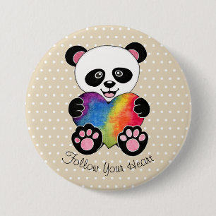 Watercolor-niedlicher Panda mit Regenbogen-Herzen Button