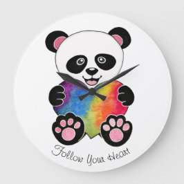 Watercolor-niedlicher Panda mit Regenbogen-Herzen Große Wanduhr