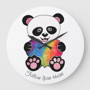 Watercolor-niedlicher Panda mit Regenbogen-Herzen Große Wanduhr