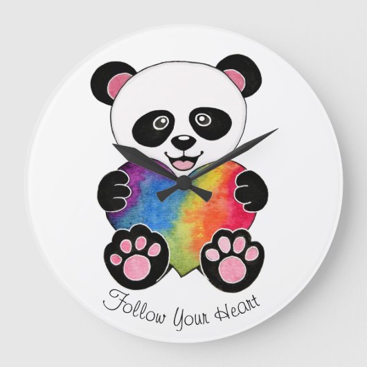 Watercolor-niedlicher Panda mit Regenbogen-Herzen Große Wanduhr (Vorderseite)