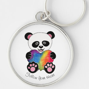 Watercolor-niedlicher Panda mit Regenbogen-Herzen Schlüsselanhänger