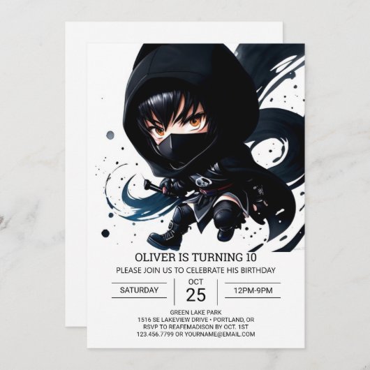 Watercolor Ninja Adventure Kids's Birthday Einladung (Vorne/Hinten)