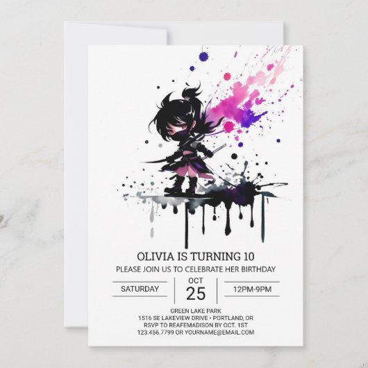 Watercolor Ninja Custom Girl Birthday Einladung (Vorderseite)