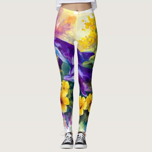Watercolor Ocean Dolphins Tropical Flowers Leggings (Vorderseite)