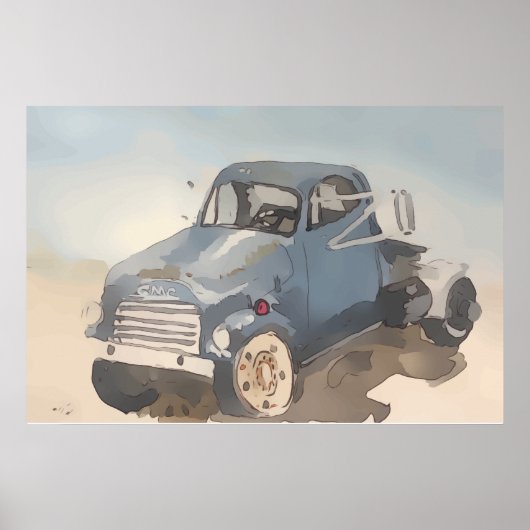Watercolor of a blue gray flatbed truck poster (Vorne)