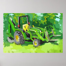 Watercolor of a green tractor, backhoe, forklift poster