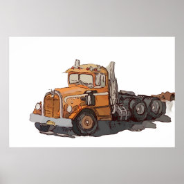 Watercolor of a orange old semi tractor poster