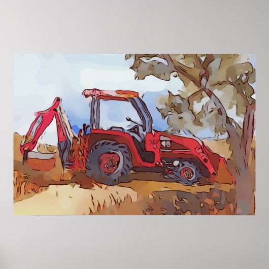 Watercolor of a orange tractor backhoe poster (Vorne)