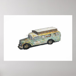 Watercolor of a rusty RV bus conversion Poster