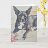 Watercolor of black dog on folded Greeting Card Karte (Gelbe Blume)