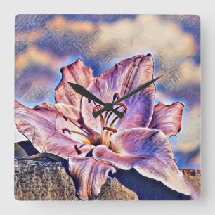 Watercolor of Tropical Purple Flower on a Log Quadratische Wanduhr