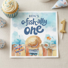 Watercolor Ofishally One Fishing Boy 1st Birthday  Serviette