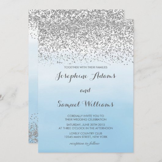 Watercolor Ombre Blue and Silver Glitzer Wedding Einladung (Vorne/Hinten)