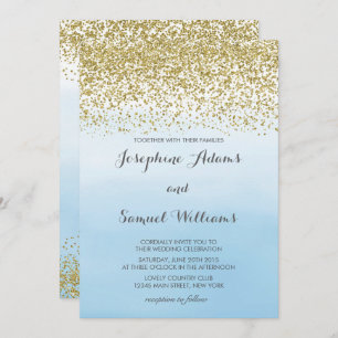 Watercolor Ombre Blue und Gold Wedding Einladung