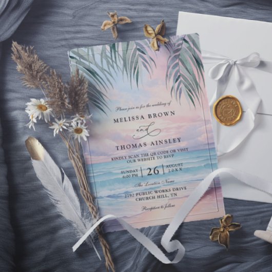 Watercolor On The Beach Elegant QR Code Wedding Einladung