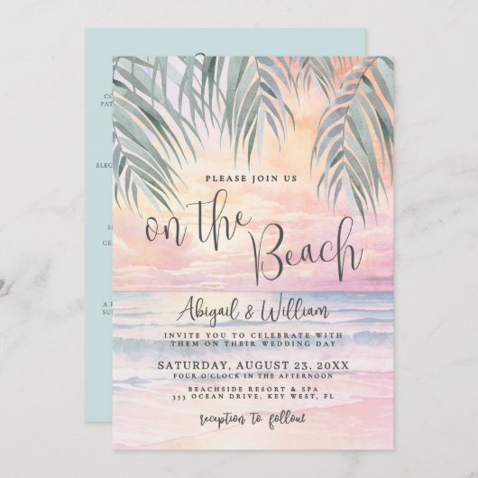 Watercolor On The Beach Wedding All In One Einladung (Vorne/Hinten)