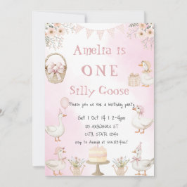 Watercolor One Silly Goose Pink Gingham Birthday Einladung