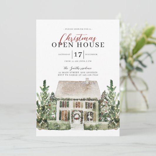 Watercolor Open House Weihnachten Party Einladung (Stehend Vorderseite)