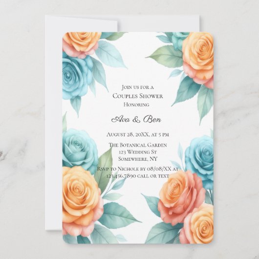 Watercolor Orange and Teal Roses Couples Shower Einladung (Vorderseite)