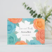 Watercolor Orange and Teal Roses Wedding Dankeskarte (Stehend Vorderseite)
