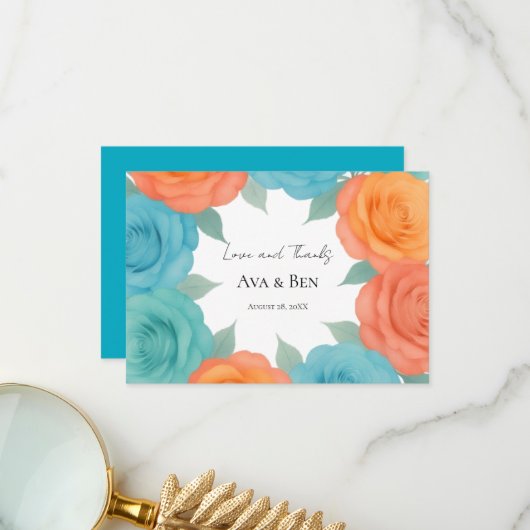 Watercolor Orange and Teal Roses Wedding Dankeskarte (Vorderseite/Rückseite Beispiel)