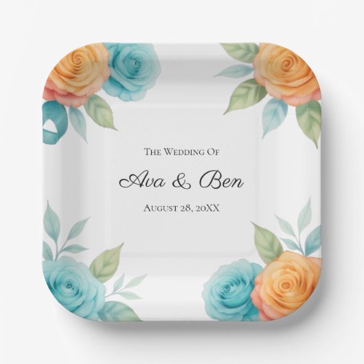 Watercolor Orange and Teal Roses Wedding Pappteller (Vorderseite)