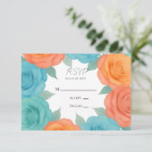 Watercolor Orange and Teal Roses Wedding RSVP Karte (Stehend Vorderseite)