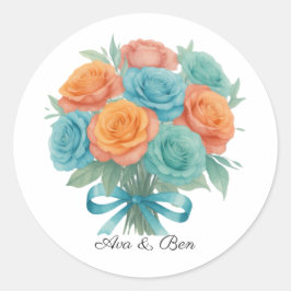 Watercolor Orange and Teal Roses Wedding Runder Aufkleber