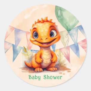 Watercolor Orange Dinosaur Fahnen Junge Baby Showe Runder Aufkleber