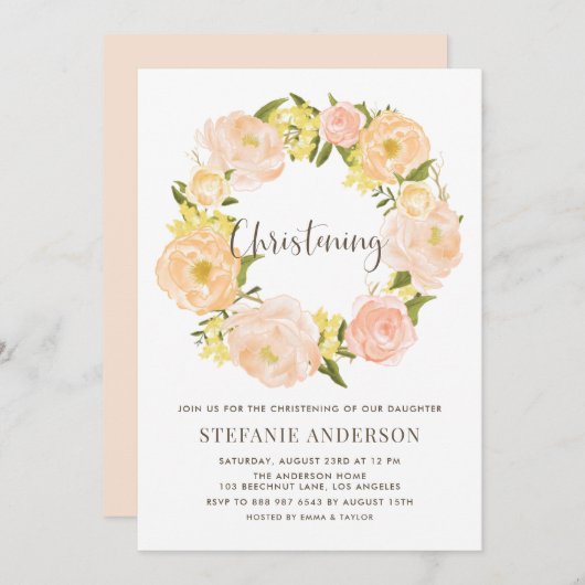 Watercolor Orange Peony Wreath Christening Einladung (Vorne/Hinten)