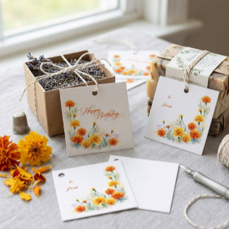 Watercolor Orange Tagetis-Blumen-Geburtstag Geschenkanhänger