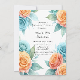 Watercolor Orange & Teal Roses Bridesmaids Lunch Einladung