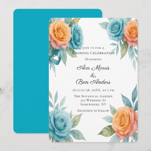 Watercolor Orange & Teal Roses Wedding Einladung (Vorne/Hinten)