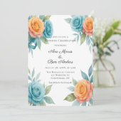 Watercolor Orange & Teal Roses Wedding Einladung (Stehend Vorderseite)