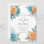 Watercolor Orange & Teal Roses Wedding Einladung (Vorderseite)